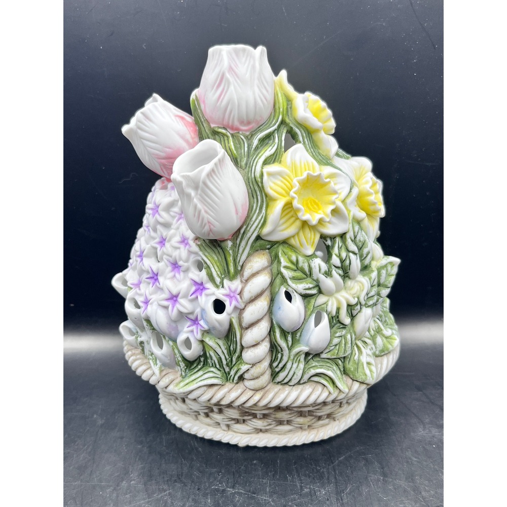 Partylite Ceramic Flower Basket Candle Holder Spring Tulips Daffodils 8" Vintage